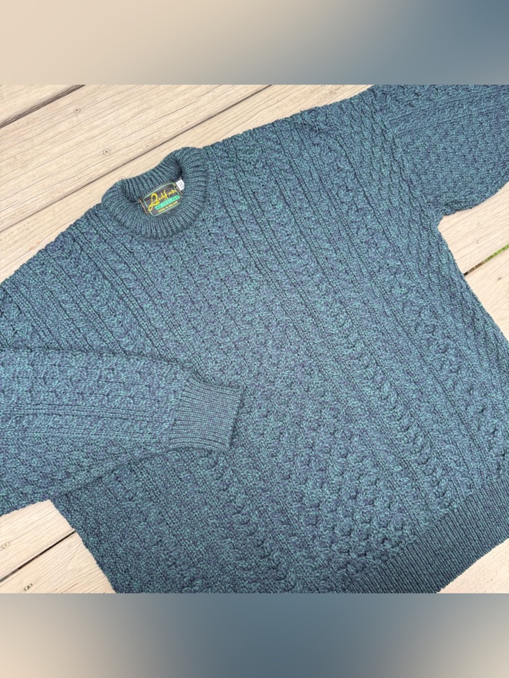 Latchfords or Ireland green blue pure new wool cable knit crewneck sweater XXL